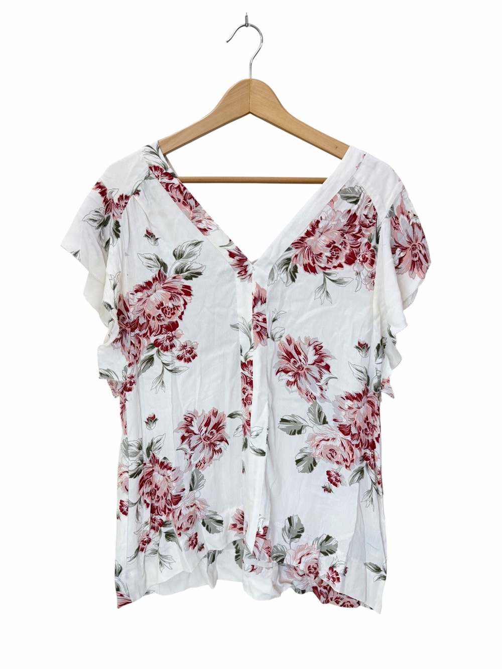 Sanctuary White Rose Print V-Neck Flutter Sleeve Blouse